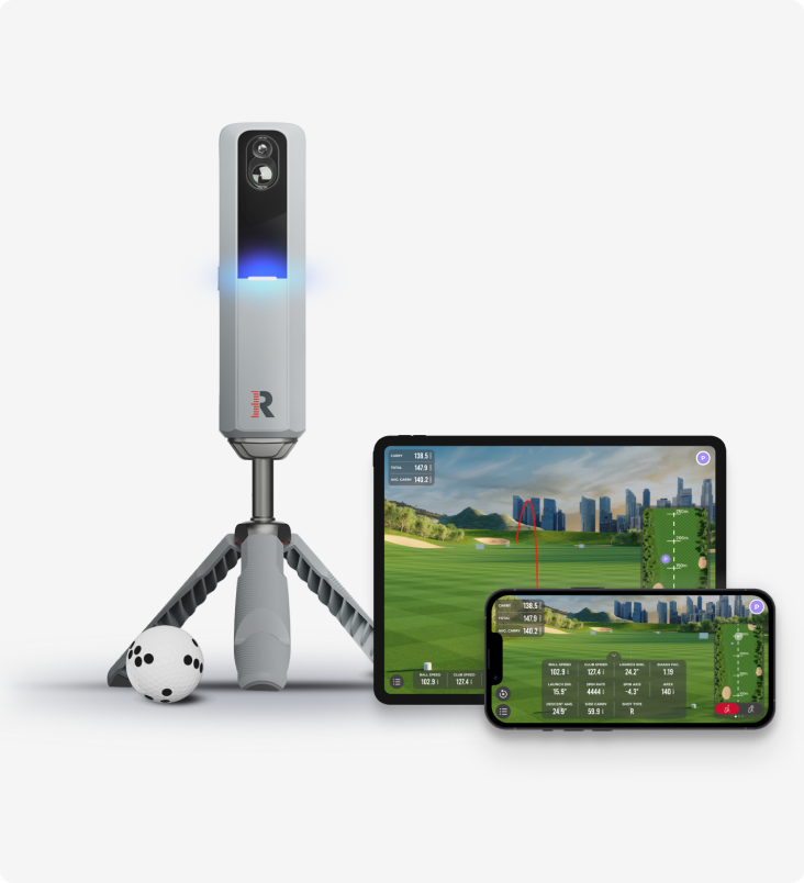 Rapsodo MLM2PRO launch monitor on tripod with app displaying shot data
