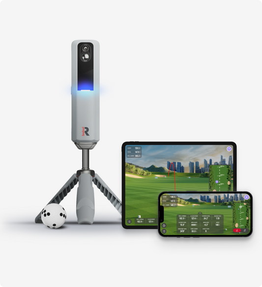 Rapsodo MLM2PRO launch monitor on tripod with app displaying shot data