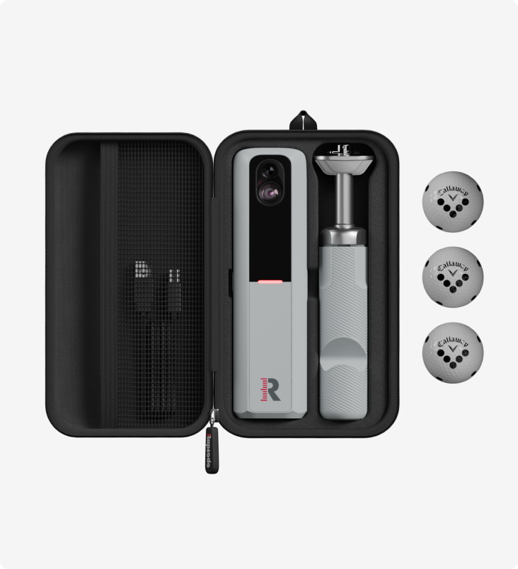 Rapsodo MLM2PRO in its carry case with tripod, cables and golf balls