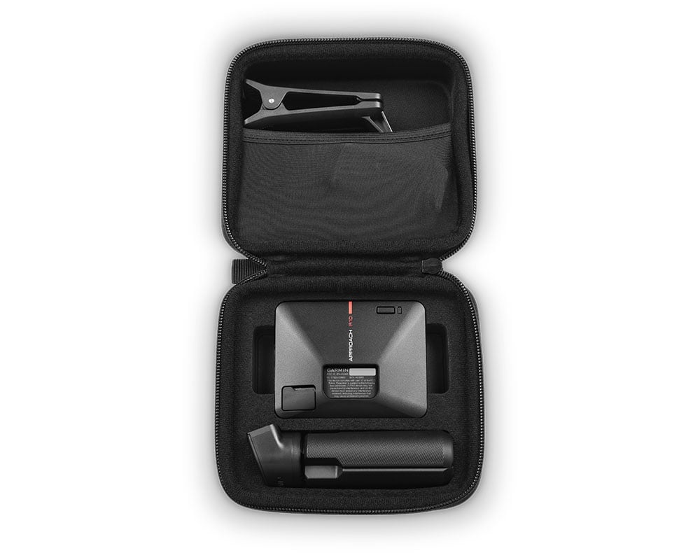 Garmin Approach R10 packed in its carry case with tripod and mount clip