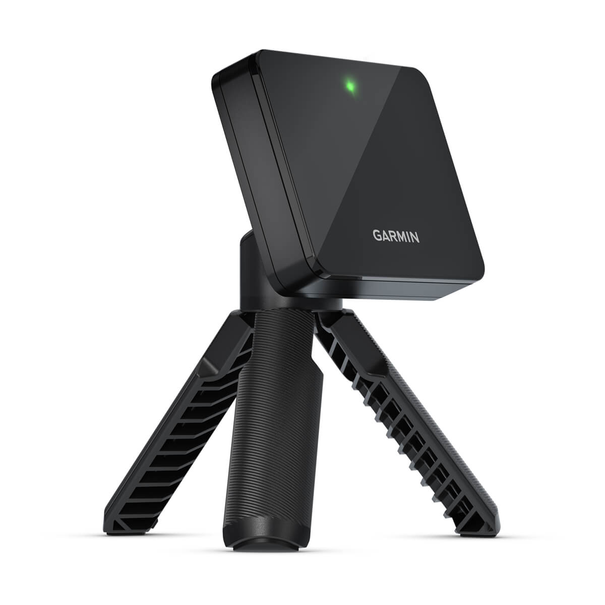 Garmin Approach R10 launch monitor on tripod, angled view
